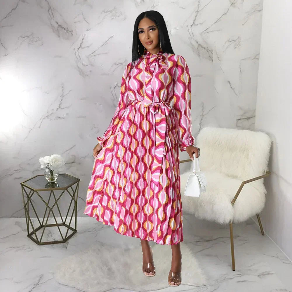 European and American plussize women pluscolor pleated dress