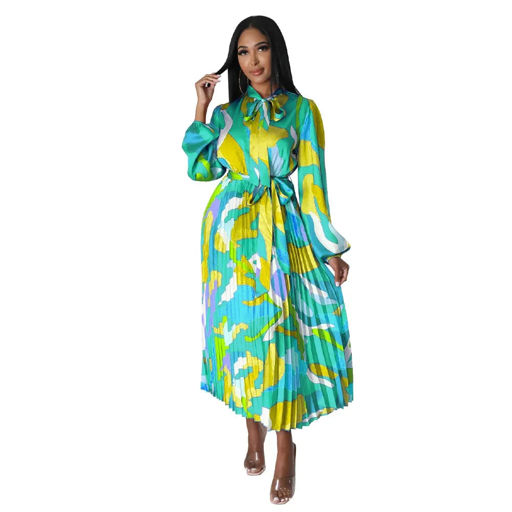 European and American plussize women pluscolor pleated dress