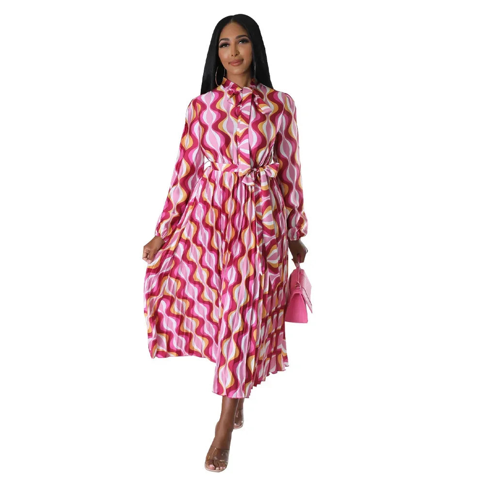 European and American plussize women pluscolor pleated dress