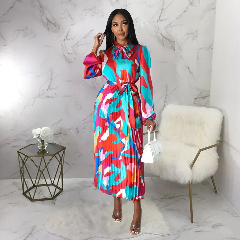 European and American plussize women pluscolor pleated dress