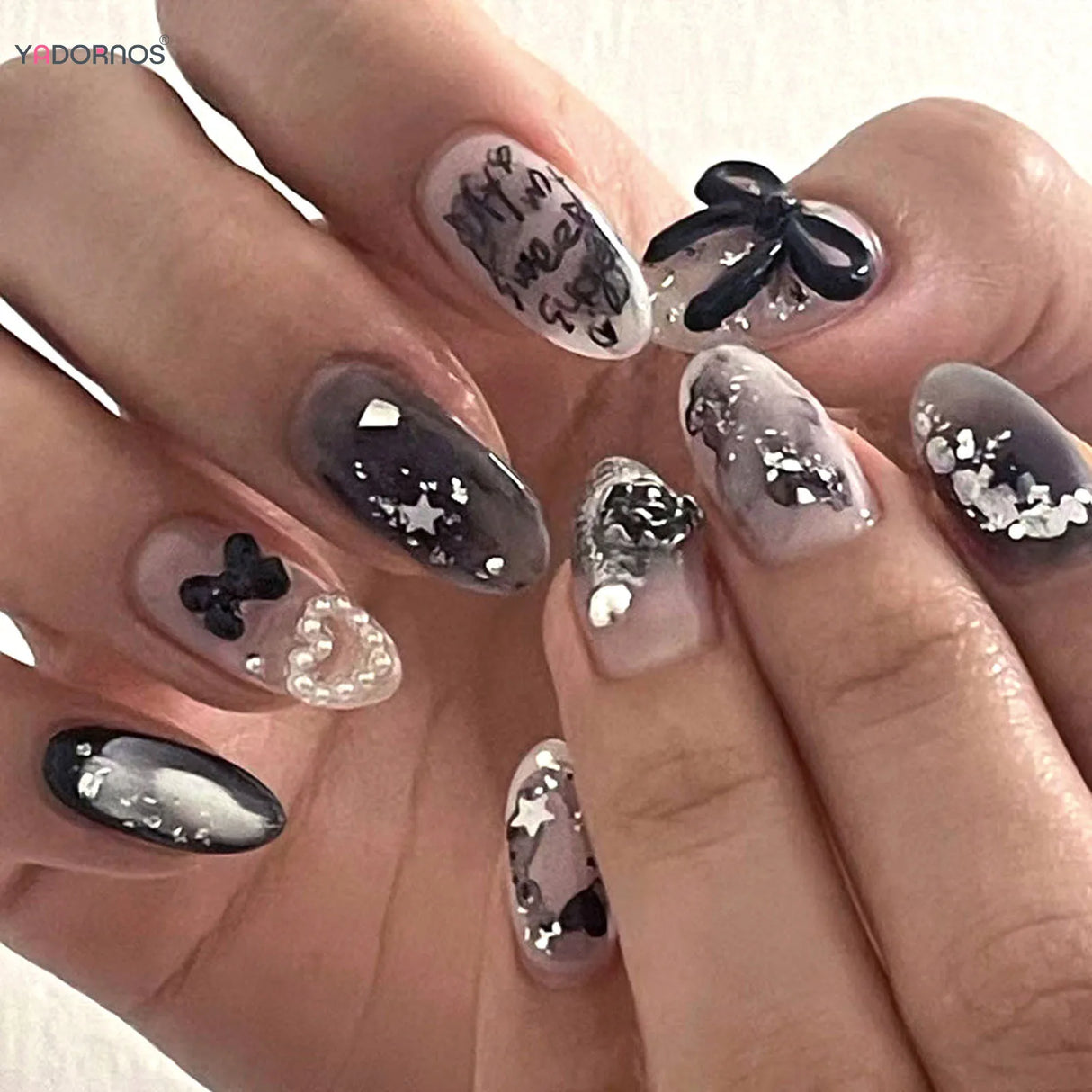 Fake Nails Almond Shape Black Gradient 3d Butterfly