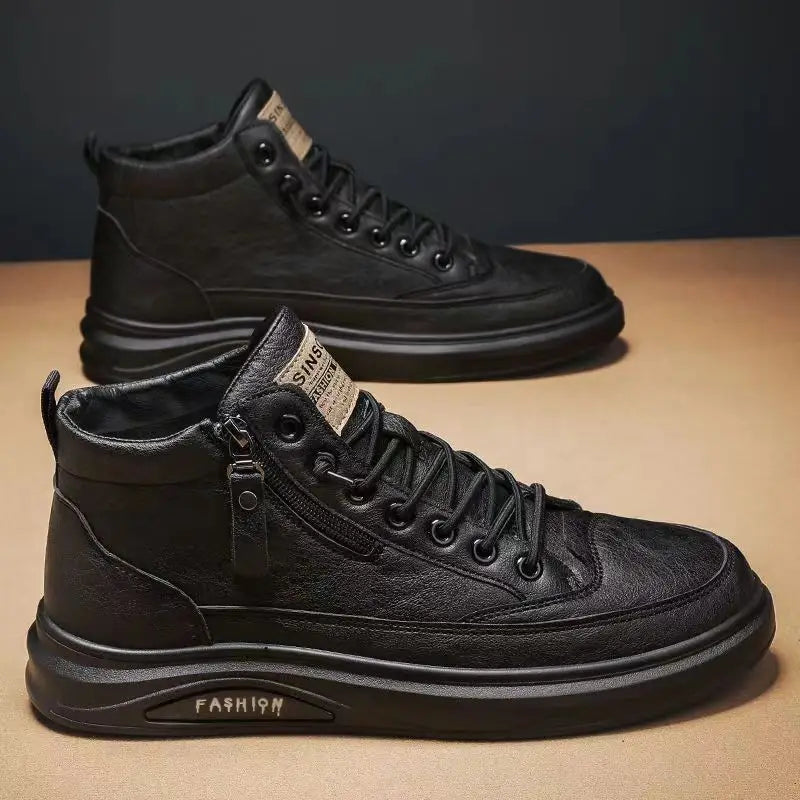 Fashion Comfortable Soft Leather Mid-top Sneakers Men's High-top Casual Side Zipper Plate Shoes Luxury Boots Tenis Masculino