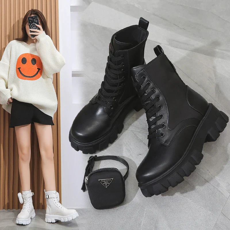 Fashion White Punk Ankle Platform Motorcycle Boots Women