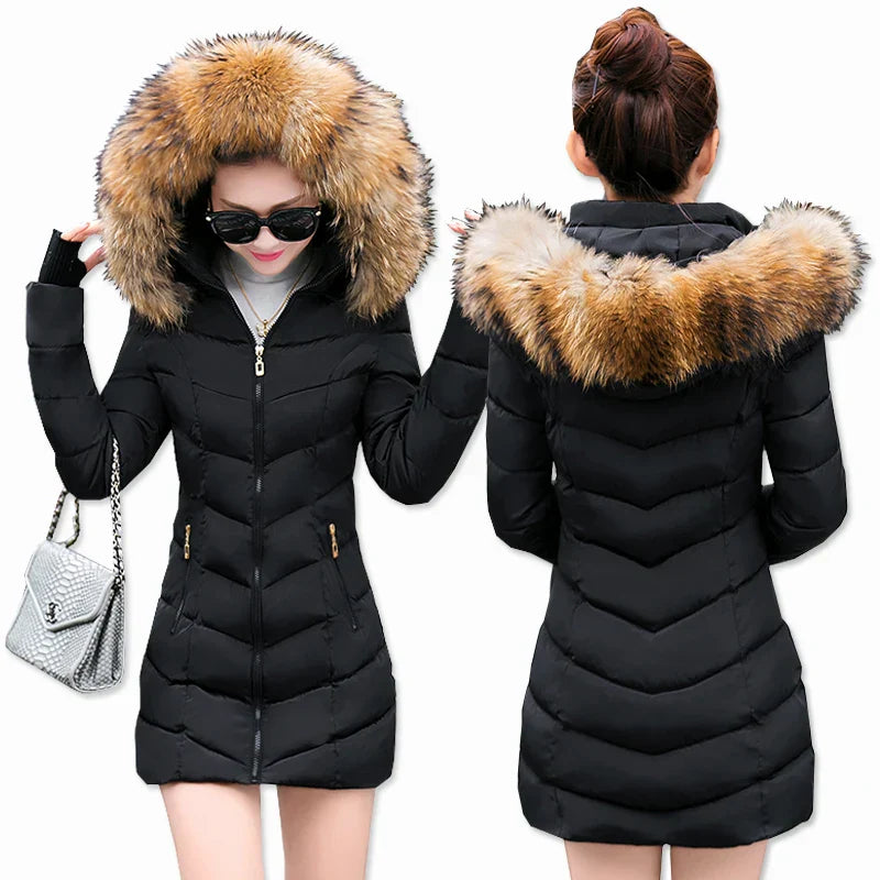 Fashion Winter Jacket Women Big Fur Belt Hooded