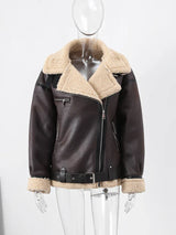 Faux Fur Leather Jacket Women Turndown Collar Belt