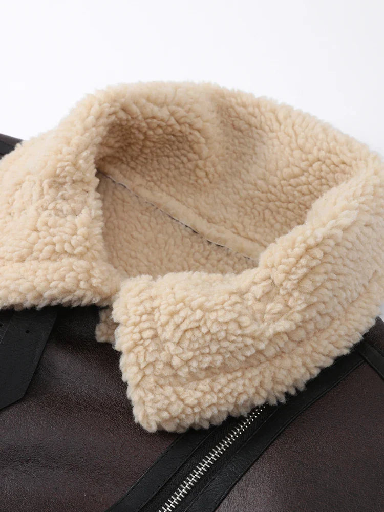 Faux Fur Leather Jacket Women Turndown Collar Belt