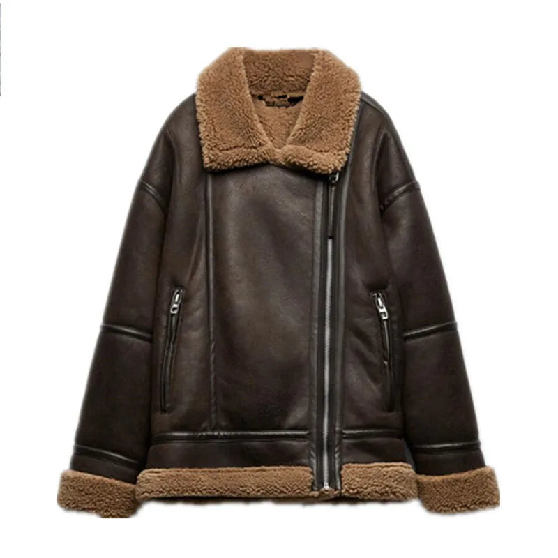 Faux Fur Leather Jacket Women Turndown Collar Belt