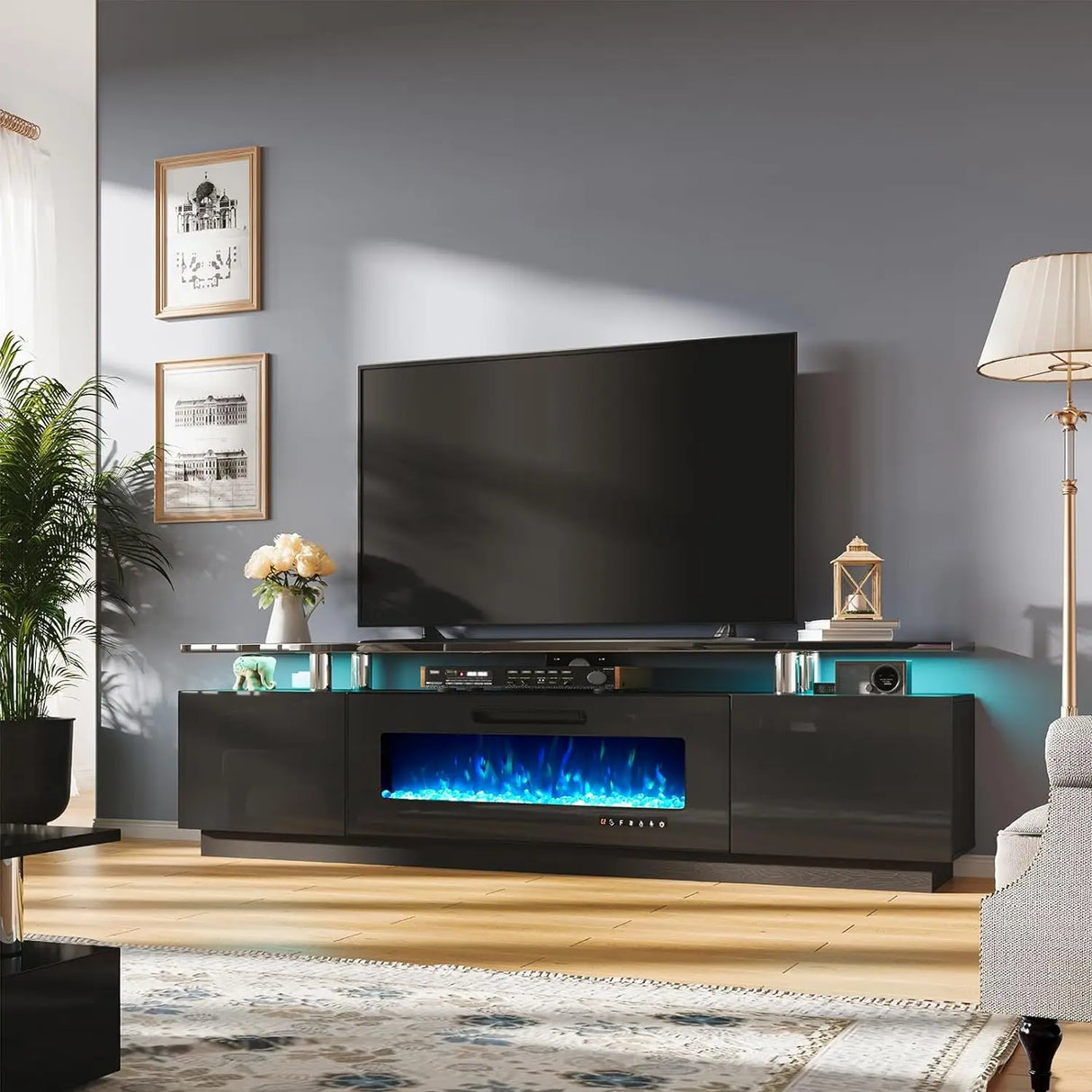 Fireplace TV Stand 70" Modern High Gloss Entertainment