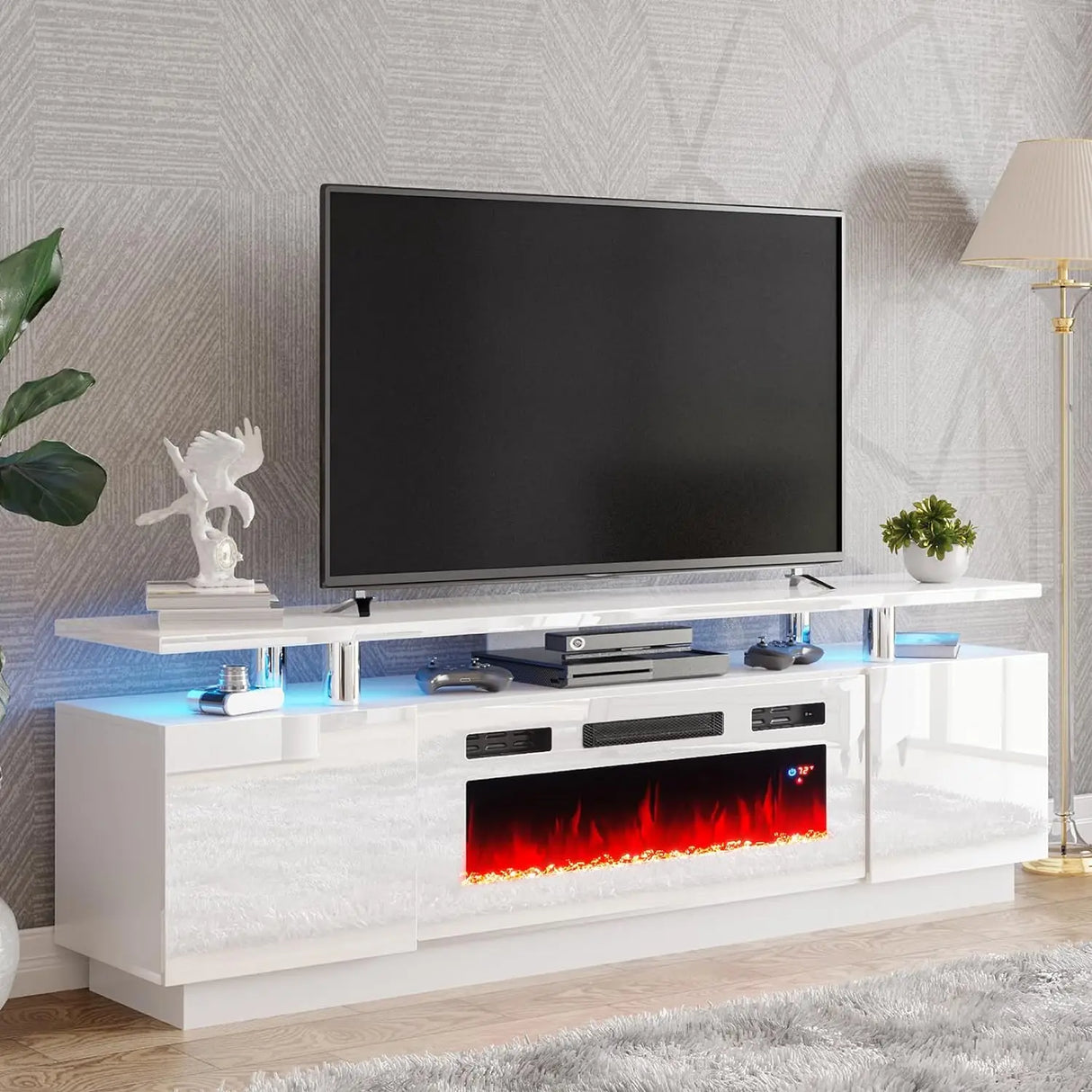 Fireplace TV Stand 70" Modern High Gloss Entertainment