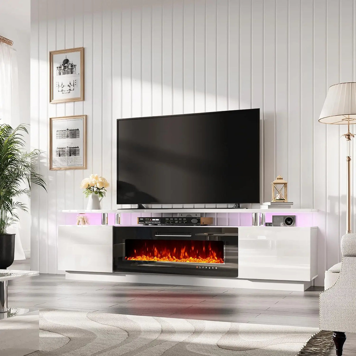 Fireplace TV Stand 70" Modern High Gloss Entertainment