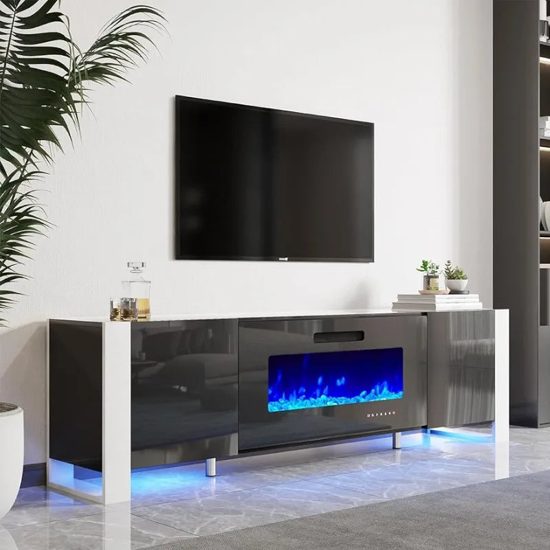 Fireplace TV Stand 80" Modern High Gloss Entertainment