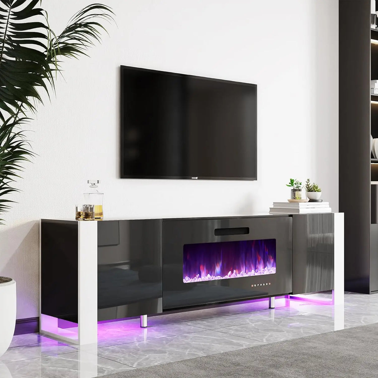 Fireplace TV Stand 80" Modern High Gloss Entertainment