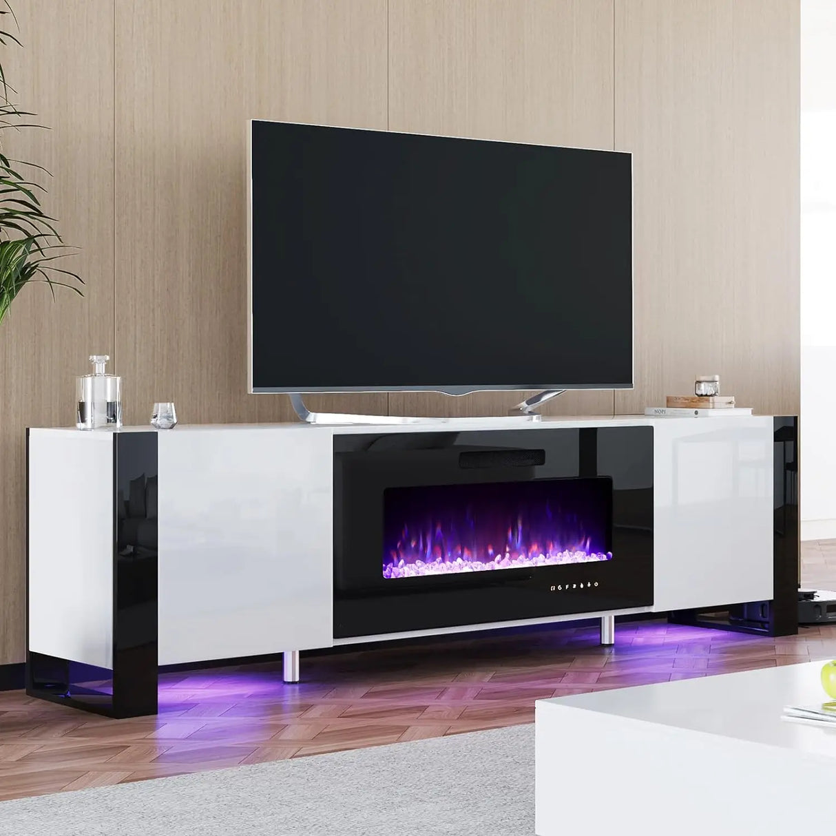 Fireplace TV Stand 80" Modern High Gloss Entertainment