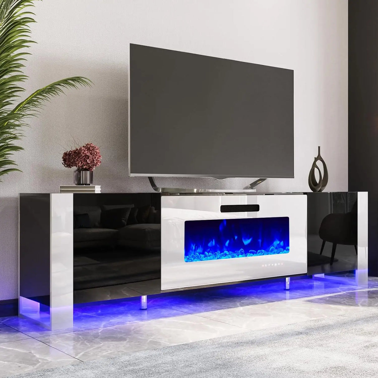 Fireplace TV Stand 80" Modern High Gloss Entertainment