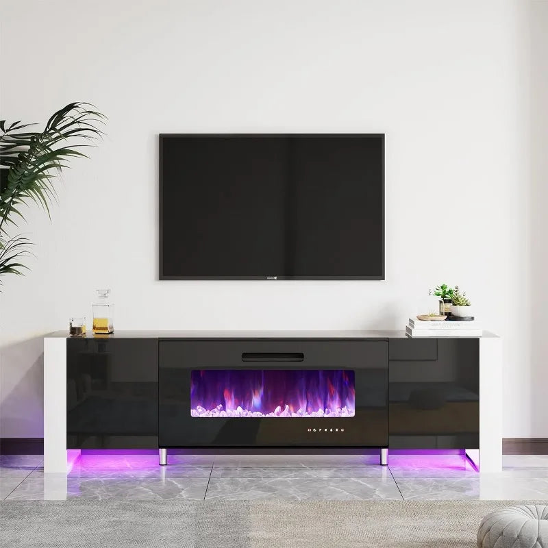 Fireplace TV Stand 80" Modern High Gloss Entertainment