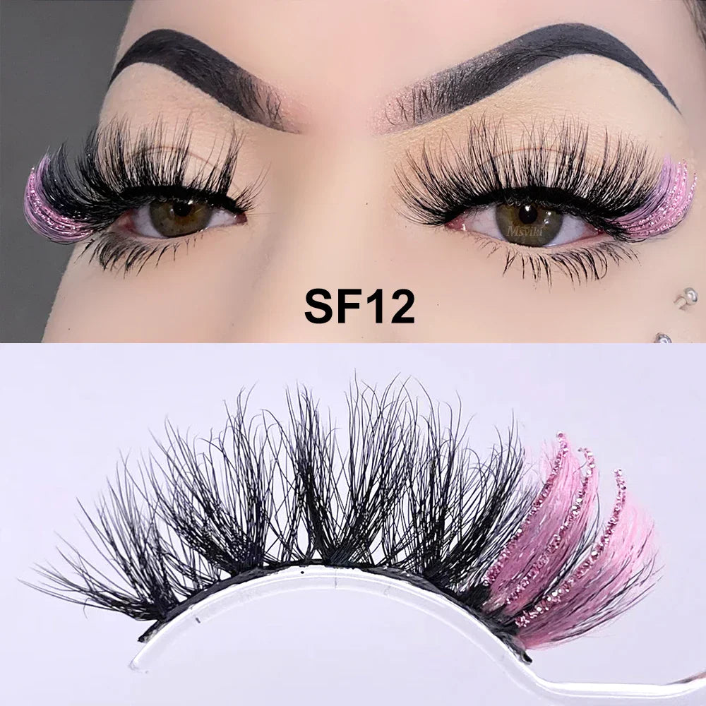 Fluffy 25MM Mink Eyelashes Colored Lashes With Glitter