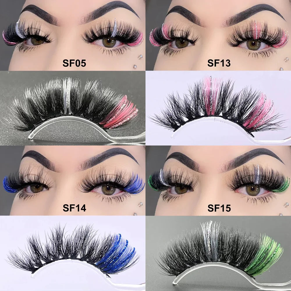 Fluffy 25MM Mink Eyelashes Colored Lashes With Glitter