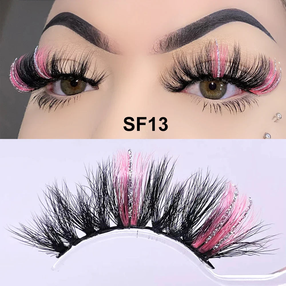 Fluffy 25MM Mink Eyelashes Colored Lashes With Glitter