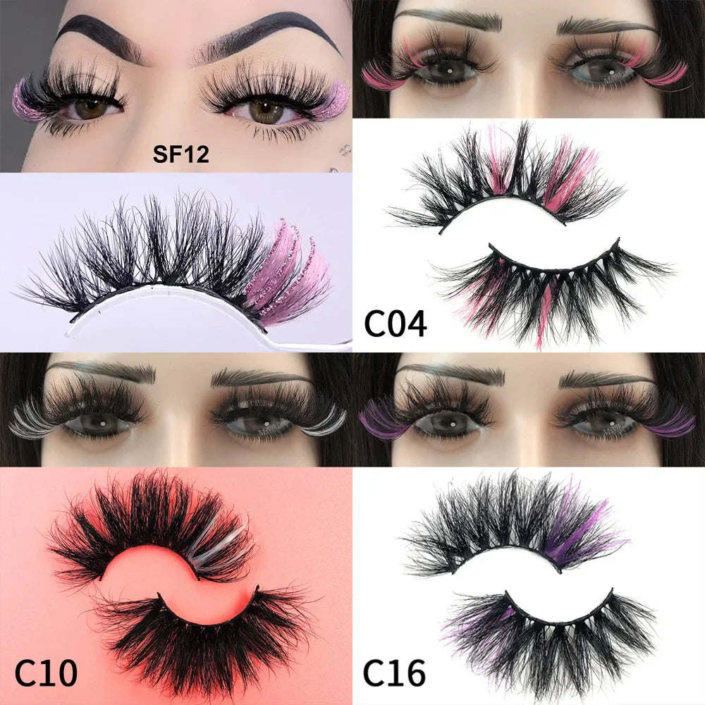 Fluffy 25MM Mink Eyelashes Colored Lashes With Glitter