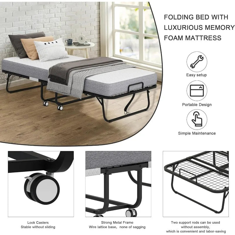 Folding Bed with Mattress,Portable Rollaway Bed,Foldable Bed with