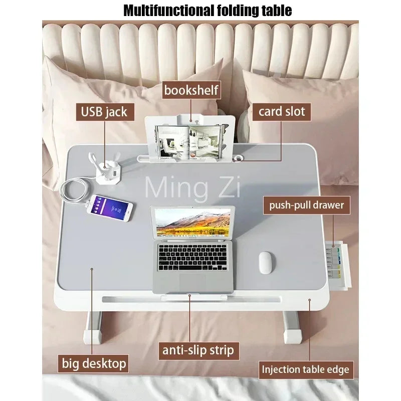 Folding Laptop Table, Liftable Bed Table with Light,