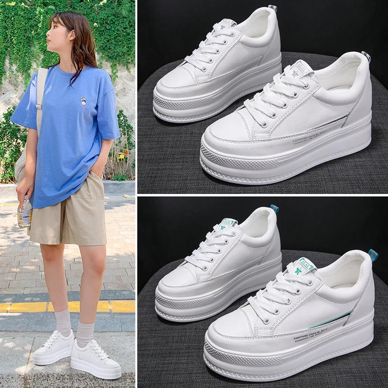 Fujin 7cm Microfiber Leather Women Casual Shoes White Platform Wedge Hidden Heel Shoes White Shoes Chunky Sneakers Skateboard