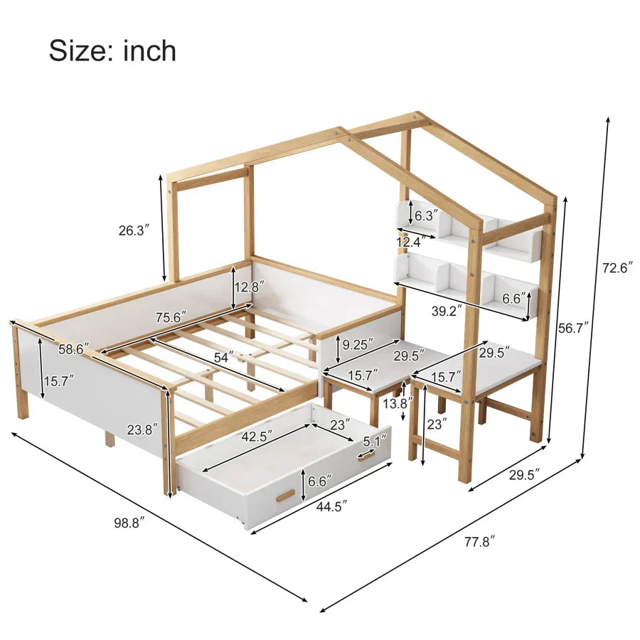 Full Size Bed,Wooden House Bed Frame with Drawer,Desk