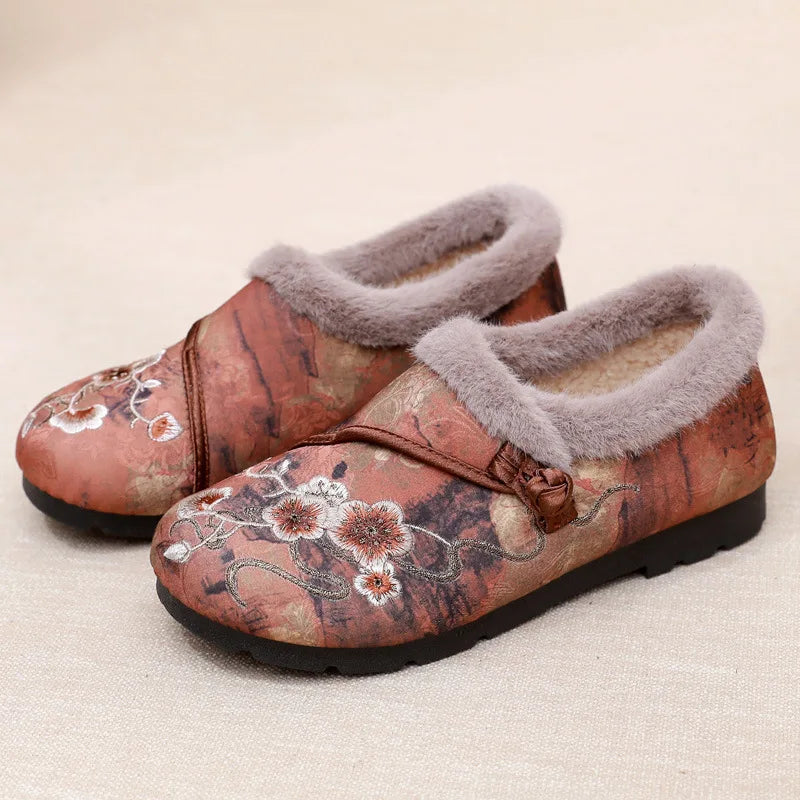 Fur lined ballet flats women's Chinese style floral loafers ladies winter warm shoes plush moccains woman elegant slip on loafer