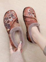 Fur lined ballet flats women's Chinese style floral loafers ladies winter warm shoes plush moccains woman elegant slip on loafer