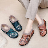 Fur lined ballet flats women's Chinese style floral loafers ladies winter warm shoes plush moccains woman elegant slip on loafer