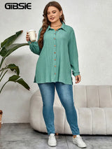 GIBSIE Plus Size Casual Solid Button Up Shirt