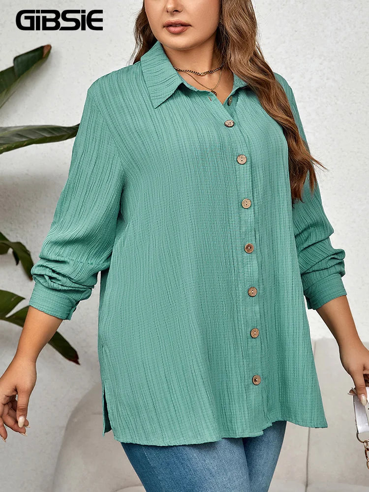 GIBSIE Plus Size Casual Solid Button Up Shirt