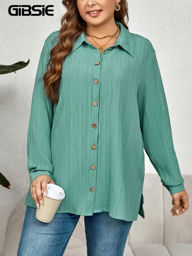 GIBSIE Plus Size Casual Solid Button Up Shirt