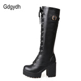 Gdgydh Hot Sale Spring Autumn Lacing Knee High Boots Women Fashion White Square Heel Woman Leather Shoes Winter PU Large Size 43