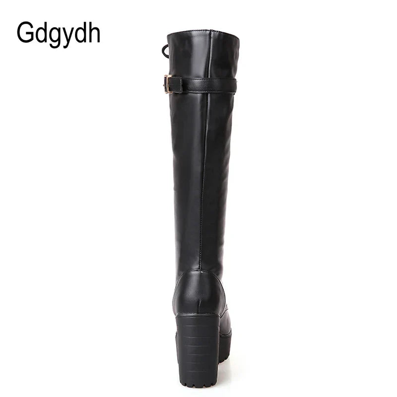 Gdgydh Hot Sale Spring Autumn Lacing Knee High Boots Women Fashion White Square Heel Woman Leather Shoes Winter PU Large Size 43