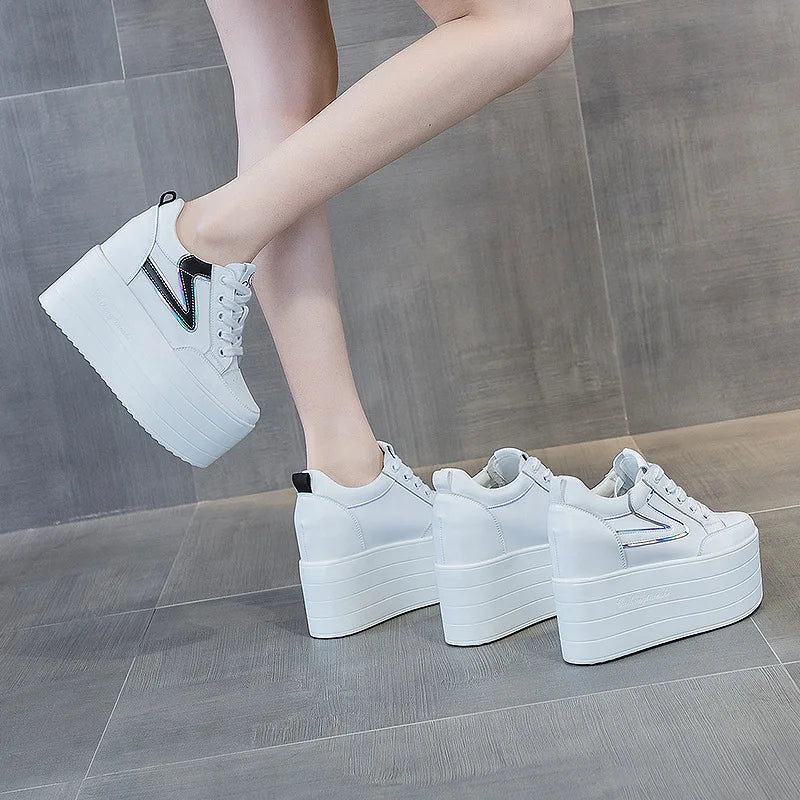 Genuine Leather Hidden Heel Thick Bottom Women's Sports Shoes White Luxury Designer Sneaker Female Casual Chic and Elegant Shoes