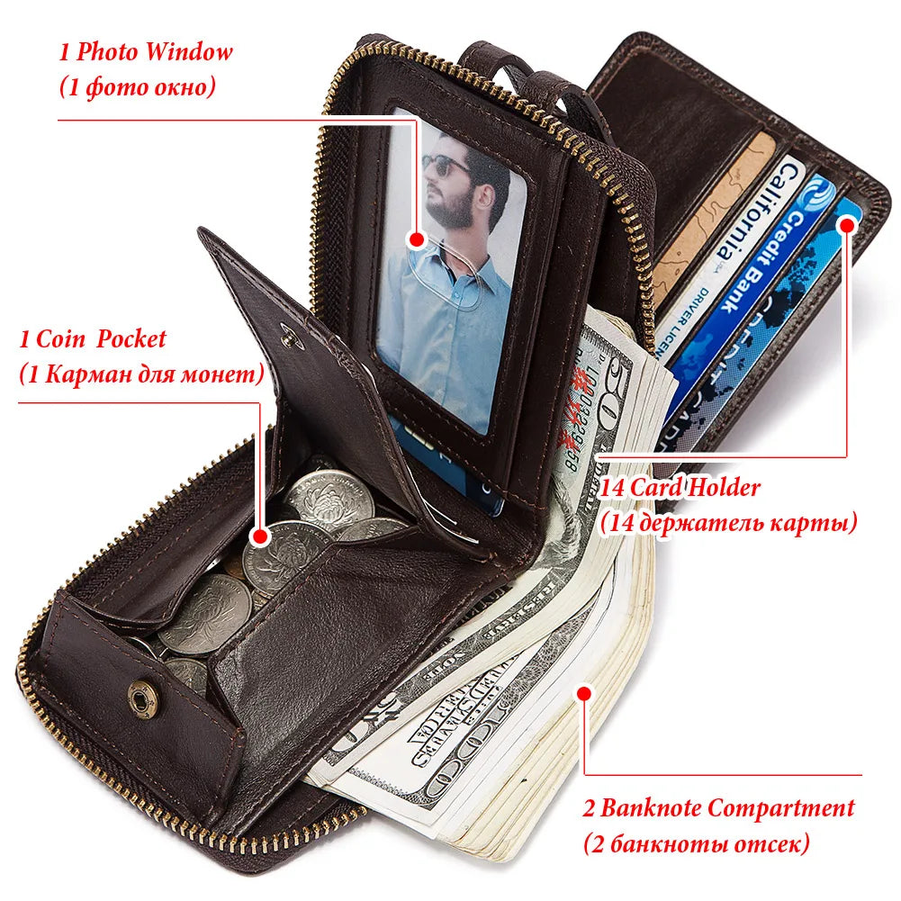 Genuine Leather Men's Wallet Business RFID Blocking Credit Card Holder for Women Travel Small Purse with Hasp Fold Coin Pocket