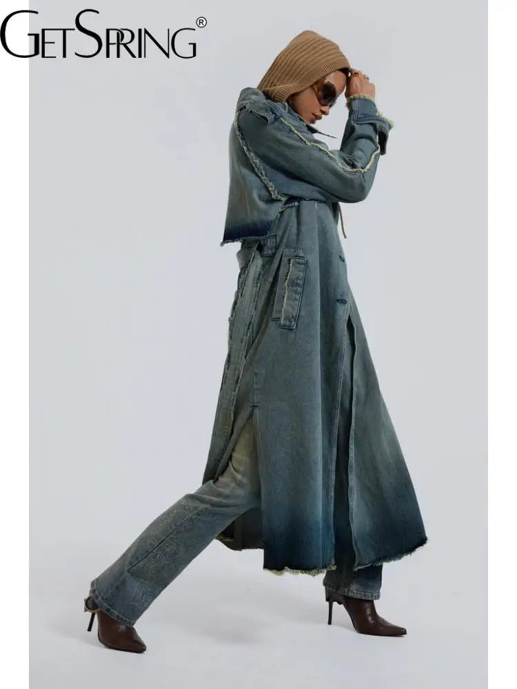 GetSpring Women Denim Trench Coat 2023 Autumn Lace