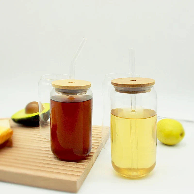 Glass Cup Bamboo Lid Bubble Tea Transparent Cold