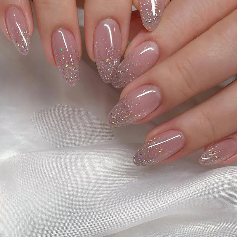 Glitter Pink Fake Nails Press on Short French