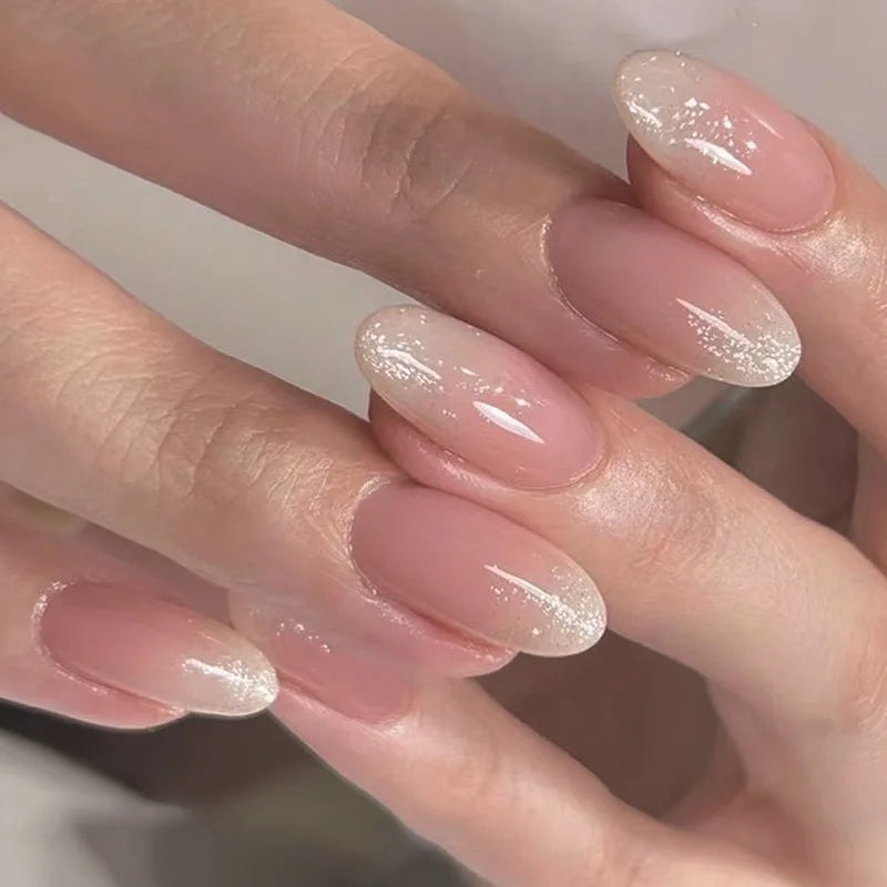 Glitter Pink Fake Nails Press on Short French