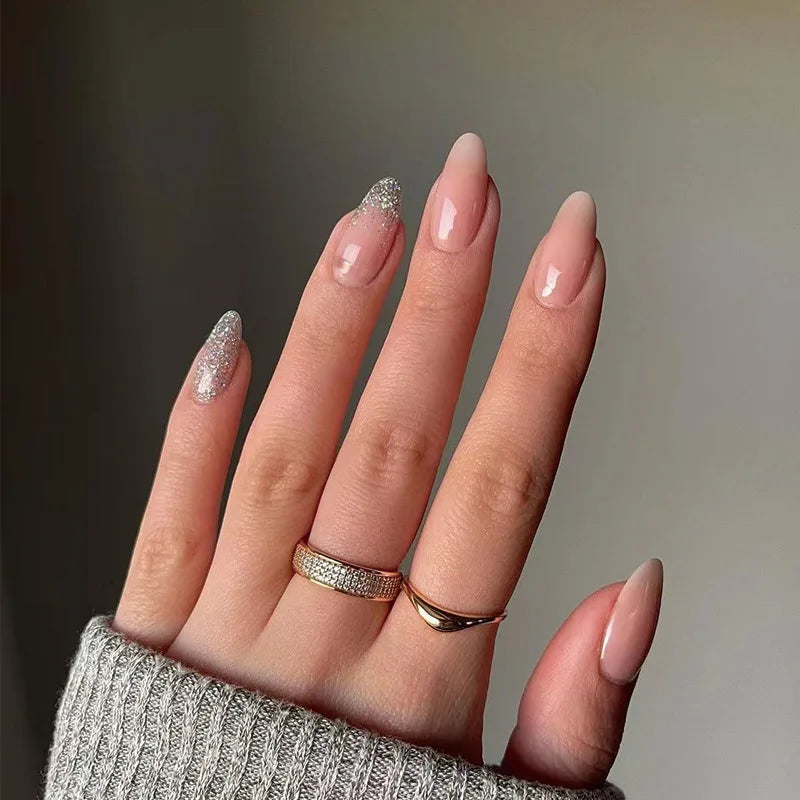 Glitter Pink Fake Nails Press on Short French