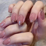 Glitter Pink Fake Nails Press on Short French