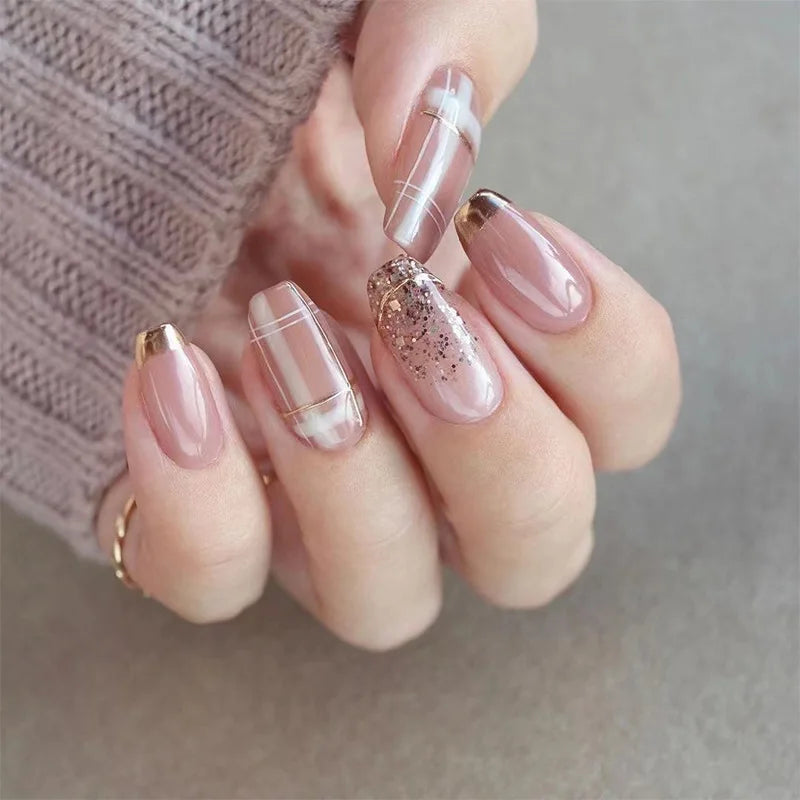 Glitter Pink Fake Nails Press on Short French