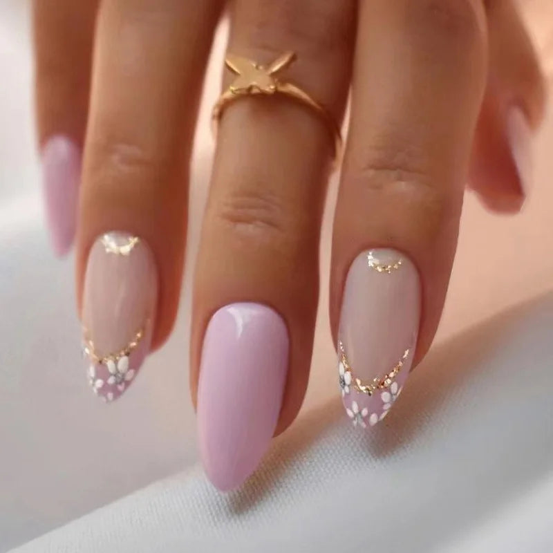 Glitter Pink Fake Nails Press on Short French