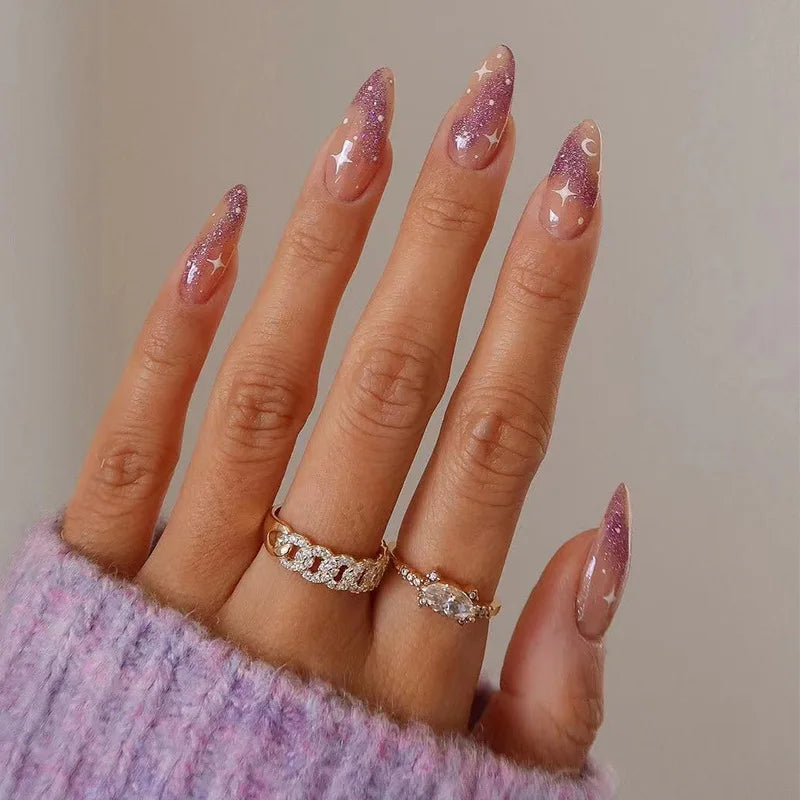 Glitter Pink Fake Nails Press on Short French