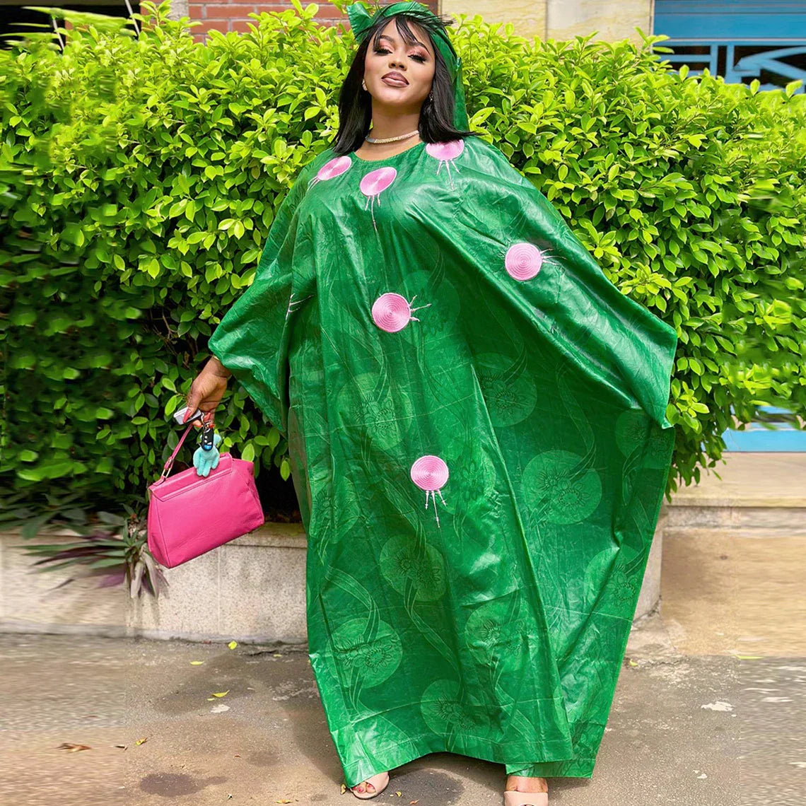 Green African Bazin Riche Boubou With Pink Embroidery