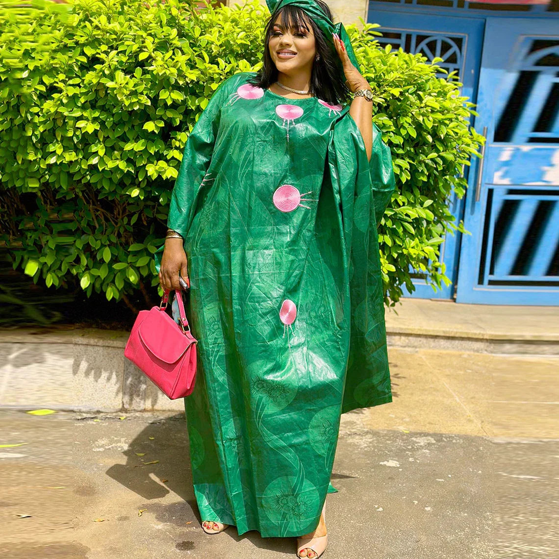 Green African Bazin Riche Boubou With Pink Embroidery