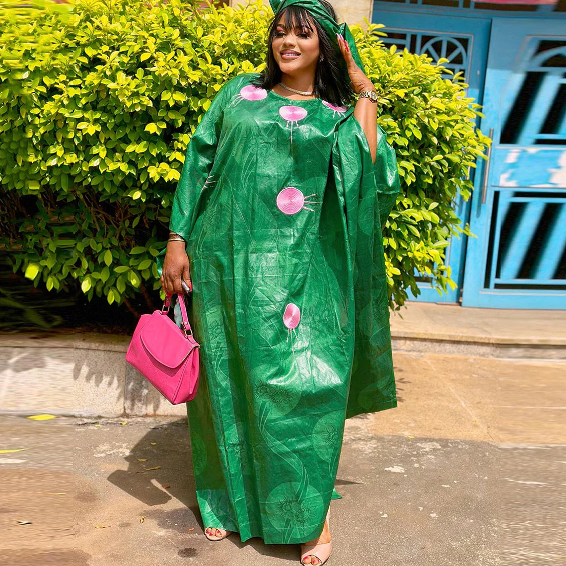 Green African Bazin Riche Boubou With Pink Embroidery