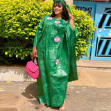 Green African Bazin Riche Boubou With Pink Embroidery